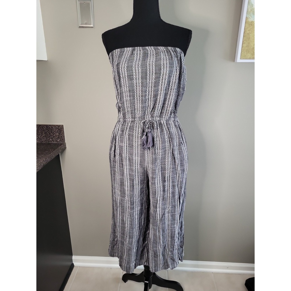 Elan Gray White Striped Strapless Wide Leg Jumpsuit Tassel Tie Waist Boho